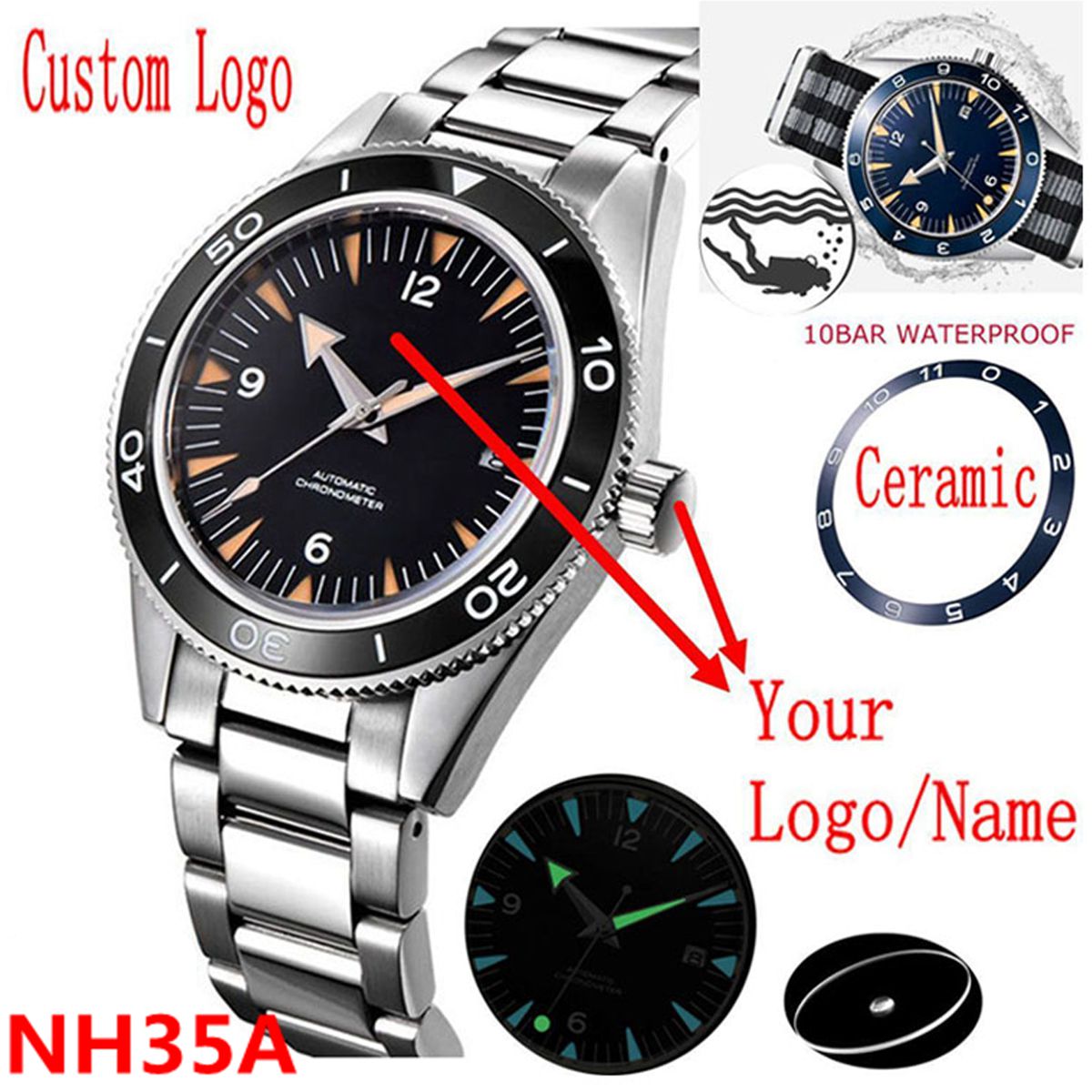 Mens Mechanical Watch - شعار مخصص NH35 ساعة يد تعمل