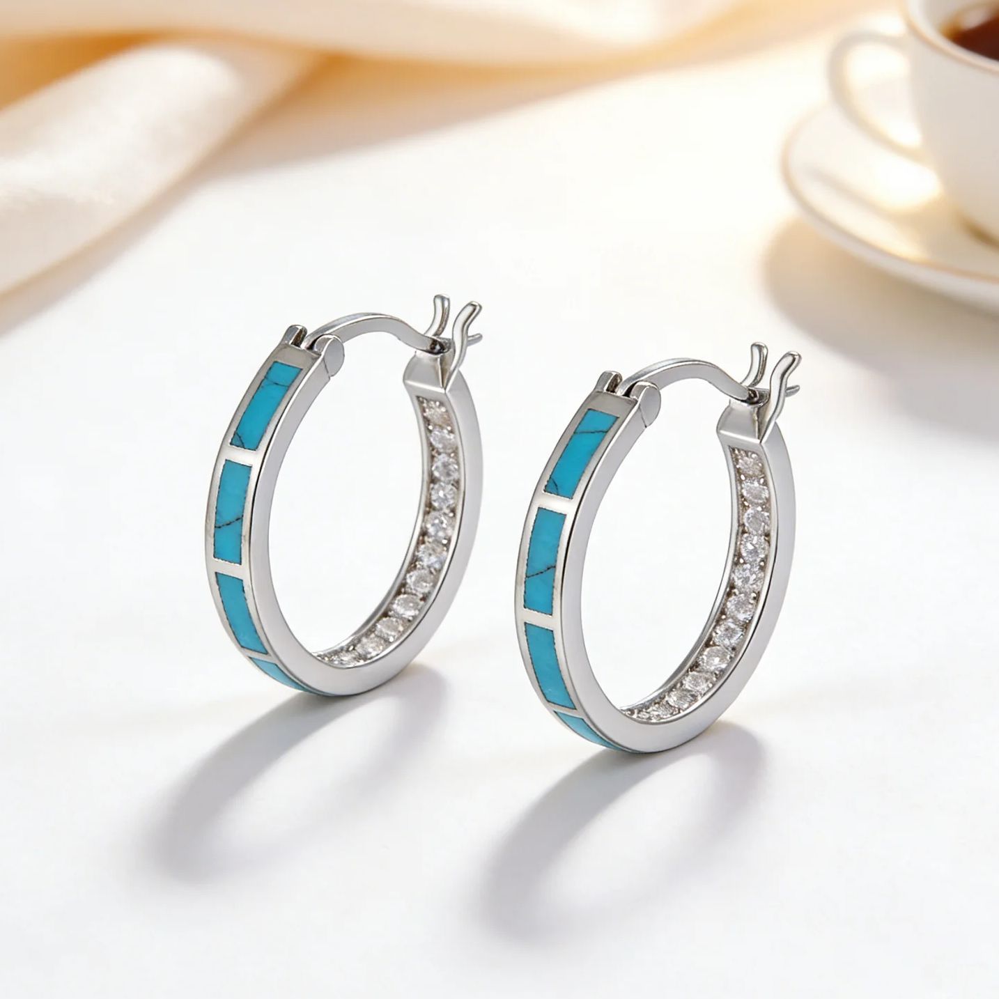 Turquoise Stone Ring - أقراط دائرية من الفيروز والزركون مضادة